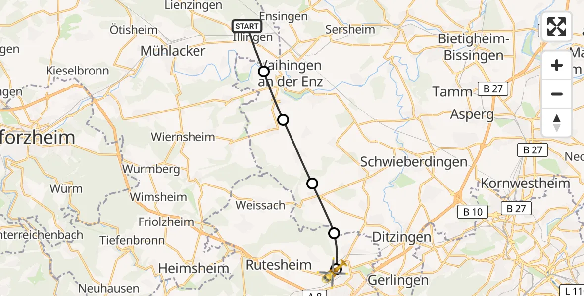 Flugroute Rettungshubschrauber Illingen - Leonberg Hospital, 14 Juni 2026, 19:29