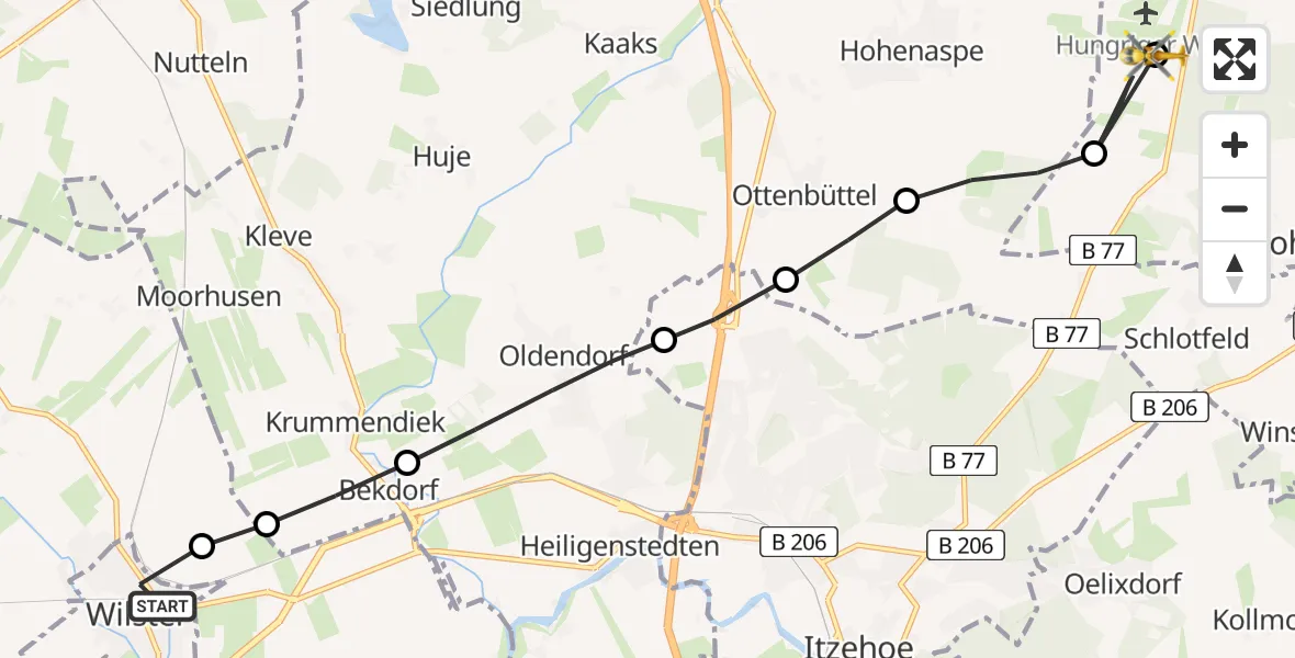 Flugroute Rettungshubschrauber Wilster - Itzehoe Hungriger Wolf Flugplatz, 14 Juni 2026, 19:32