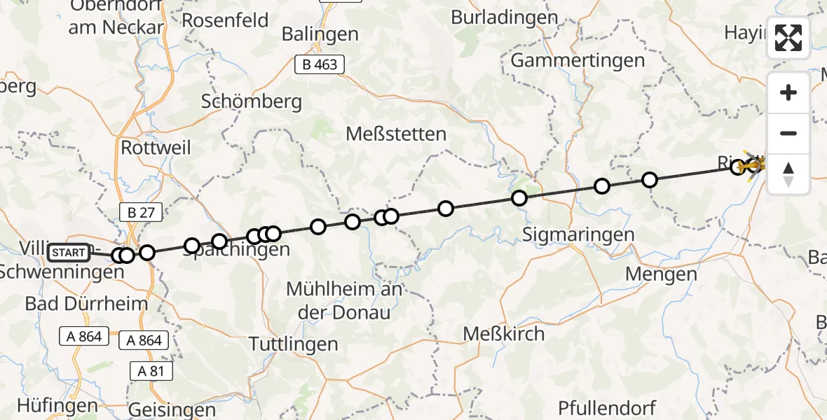 Flugroute Ambulanzhubschrauber Villingen-Schwenningen - Riedlingen, 14 Juni 2026, 19:32