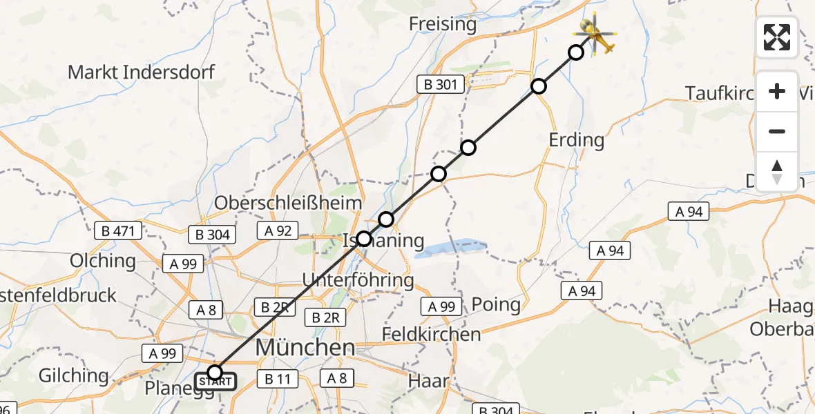 Flugroute Rettungshubschrauber DRF Air Rescue München Hubschrauberlandeplatz - Berglern, 14 Juni 2026, 19:35