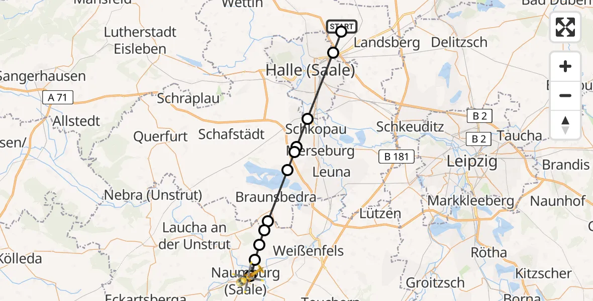 Flugroute Rettungshubschrauber Halle-Oppin Flugplatz - Naumburg Krankenhaus Hubschrauberlandeplatz, 14 Juni 2026, 19:38