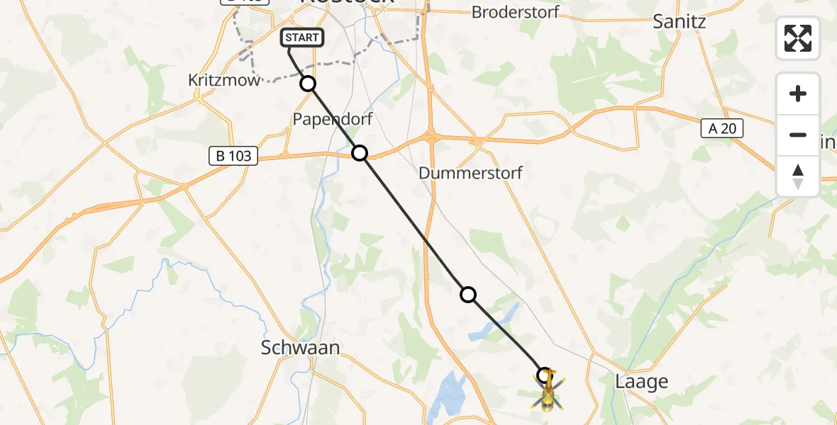 Flugroute Rettungshubschrauber Rostock - Flughafen Rostock-Laage, 14 Juni 2026, 19:41