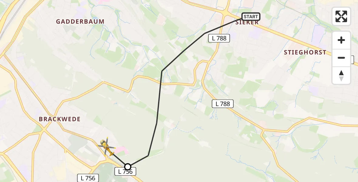 Flugroute Rettungshubschrauber Bielefeld - Luftrettungszentrum Bielefeld, 14 Juni 2026, 19:59