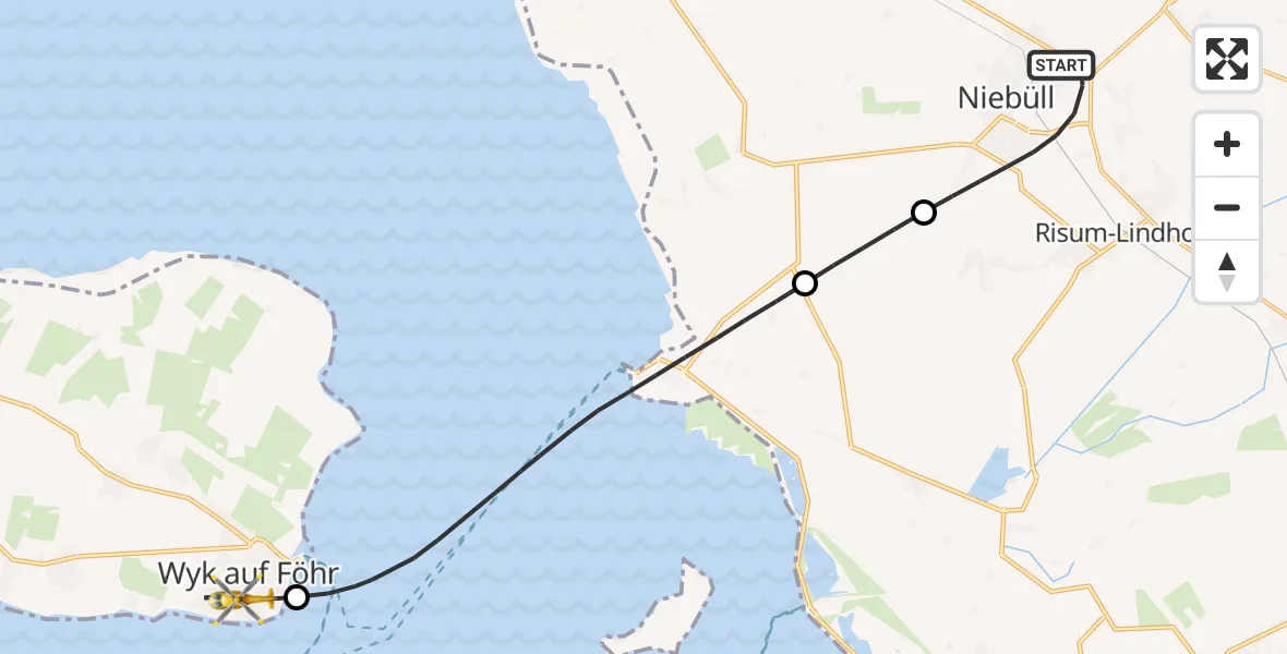 Flugroute Rettungshubschrauber Niebüll - Wyk auf Föhr, 14 Juni 2026, 20:01