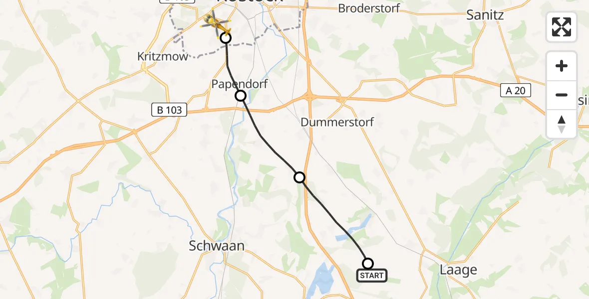 Flugroute Rettungshubschrauber Flughafen Rostock-Laage - Rostock, 14 Juni 2026, 20:09