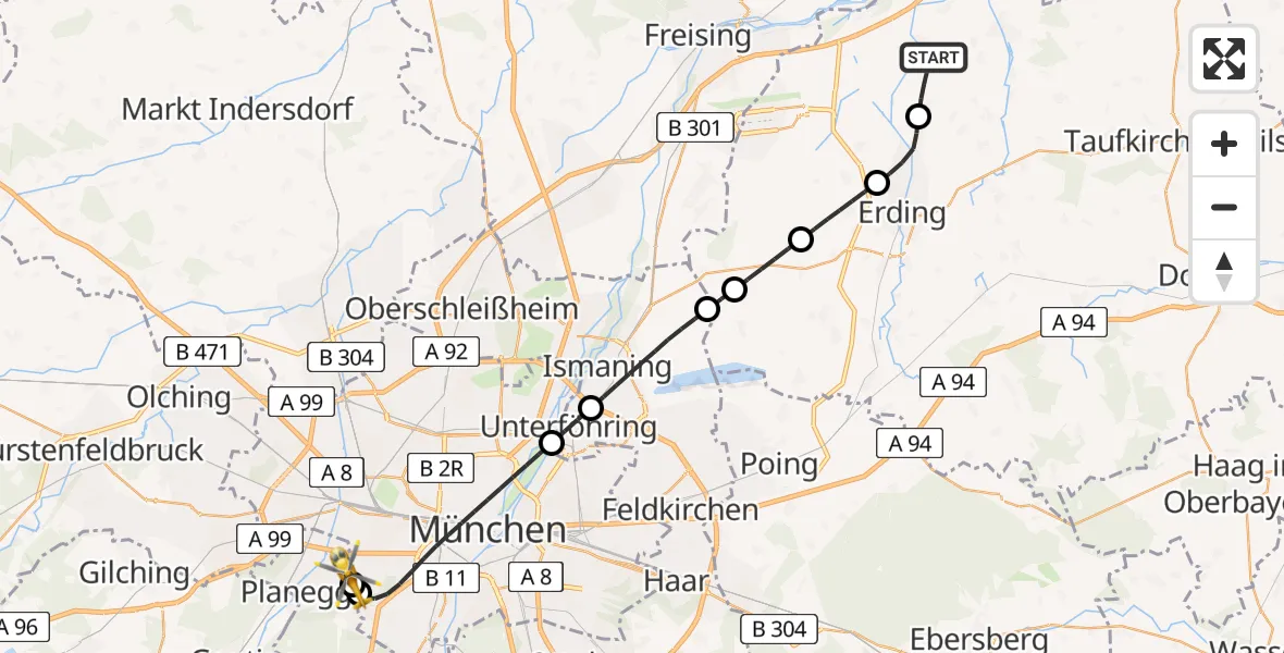 Flugroute Rettungshubschrauber Berglern - DRF Air Rescue München Hubschrauberlandeplatz, 14 Juni 2026, 20:18