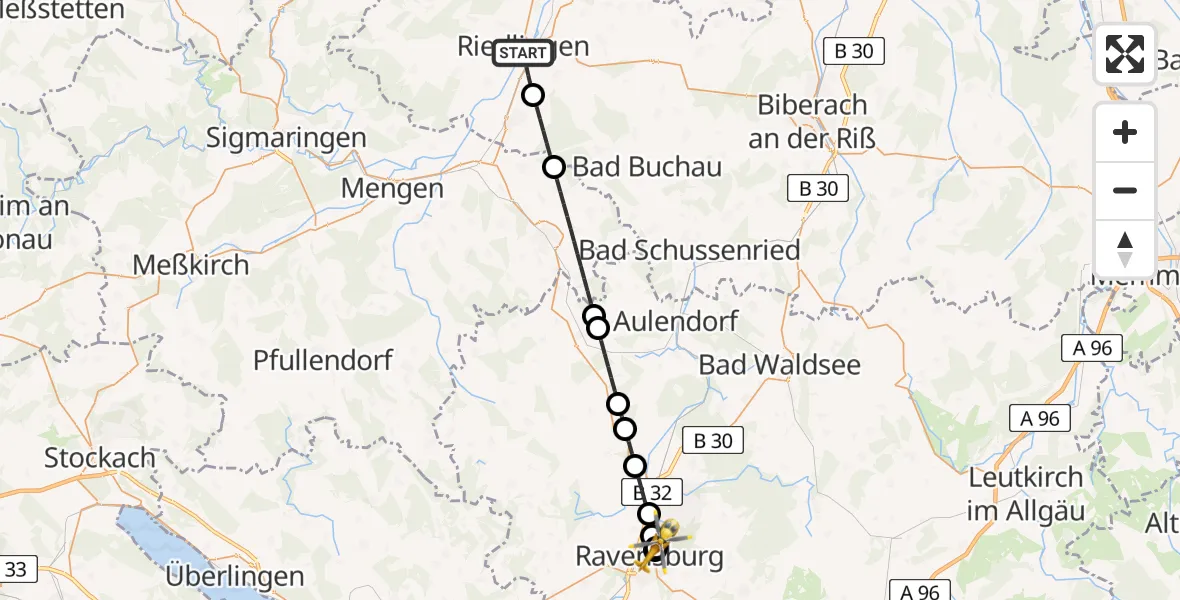 Flugroute Ambulanzhubschrauber Riedlingen - Sankt Elisabeth Hospital, 14 Juni 2026, 20:30