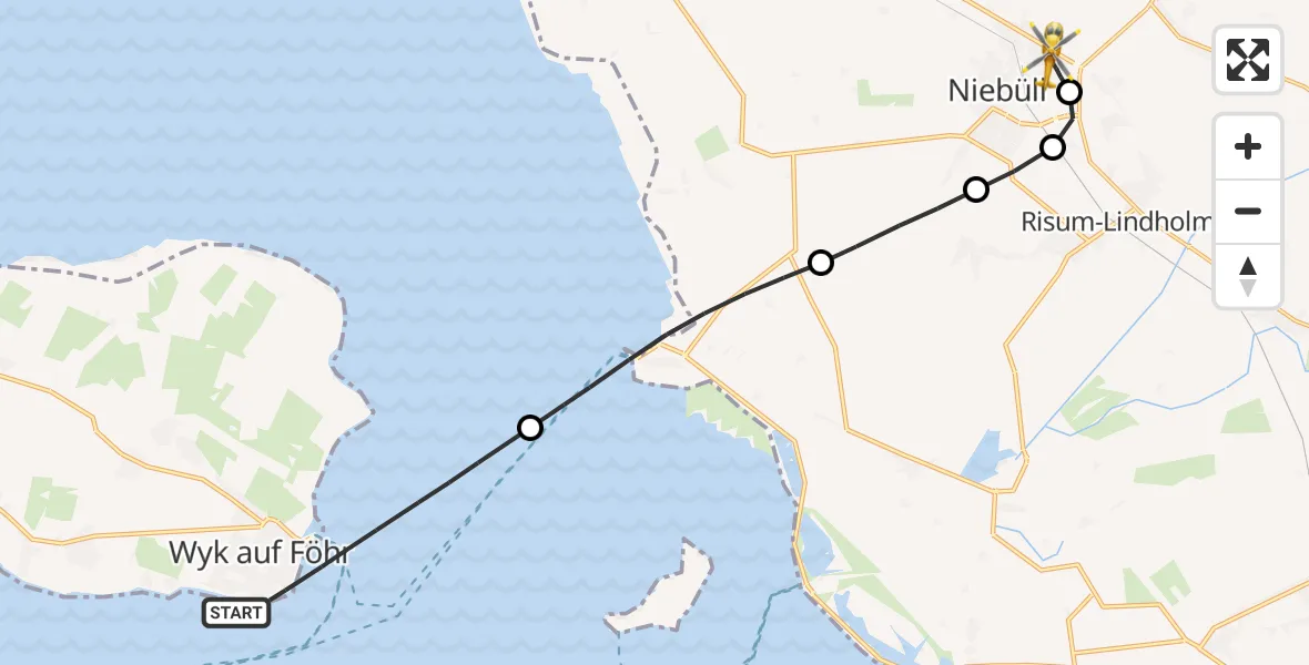 Flugroute Rettungshubschrauber Wyk auf Föhr - Niebüll, 14 Juni 2026, 20:52
