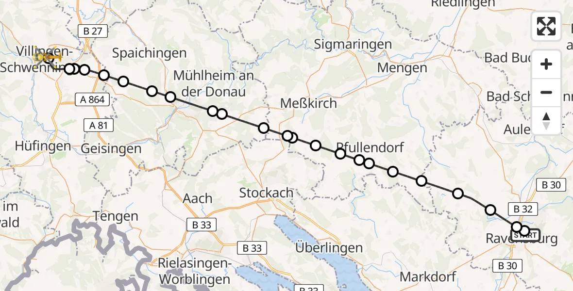 Flugroute Ambulanzhubschrauber Sankt Elisabeth Hospital - DRF Air Rescue Station Villingen-Schwenningen Hubschrauberlandeplatz (Christoph 11), 14 Juni 2026, 21:17