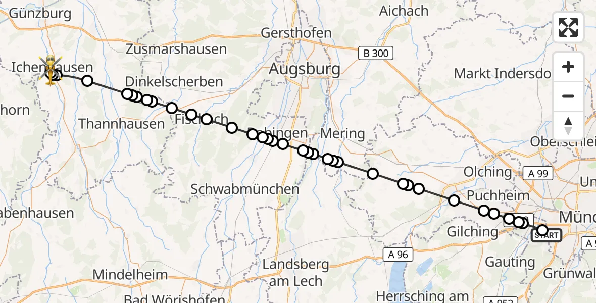 Flugroute Rettungshubschrauber DRF Air Rescue München Hubschrauberlandeplatz - Ichenhausen, 14 Juni 2026, 21:23