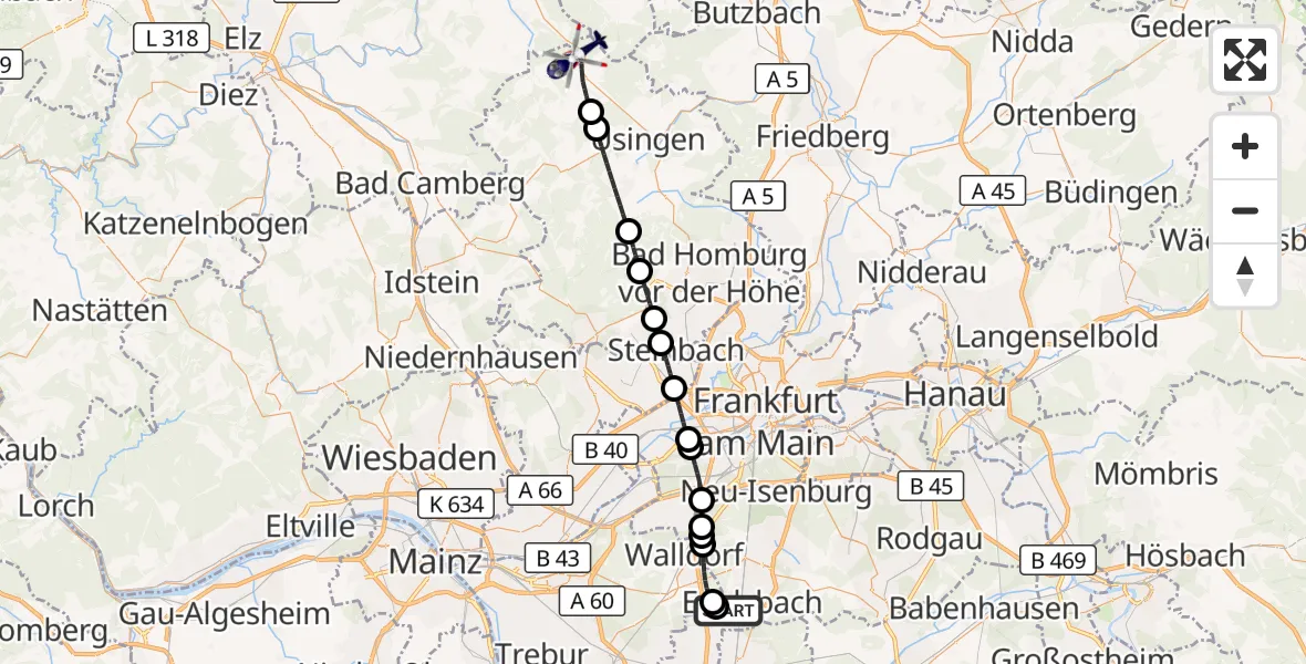 Flugroute Polizeihubschrauber Flughafen Frankfurt-Egelsbach - Grävenwiesbach, 14 Juni 2026, 21:54