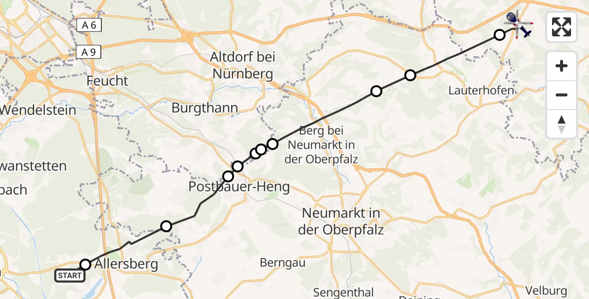 Flugroute Polizeihubschrauber Roth - Birgland, 14 Juni 2026, 21:59