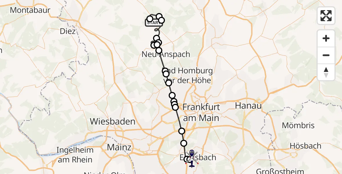 Flugroute Polizeihubschrauber Grävenwiesbach - Flughafen Frankfurt-Egelsbach, 14 Juni 2026, 22:19