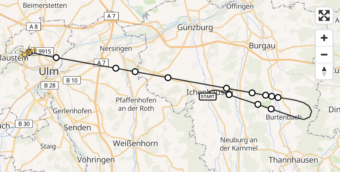 Flugroute Rettungshubschrauber Ichenhausen - Ulm Military Hospital Emergency Hubschrauberlandeplatz, 14 Juni 2026, 22:19