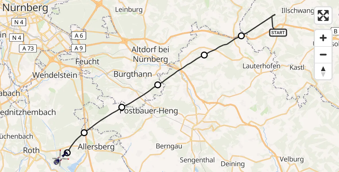 Flugroute Polizeihubschrauber Birgland - Roth, 14 Juni 2026, 22:26