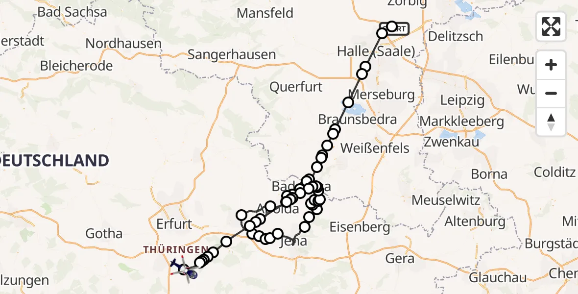 Flugroute Polizeihubschrauber Halle-Oppin Flugplatz - Arnstadt-Alkersleben Flugplatz, 14 Juni 2026, 22:34
