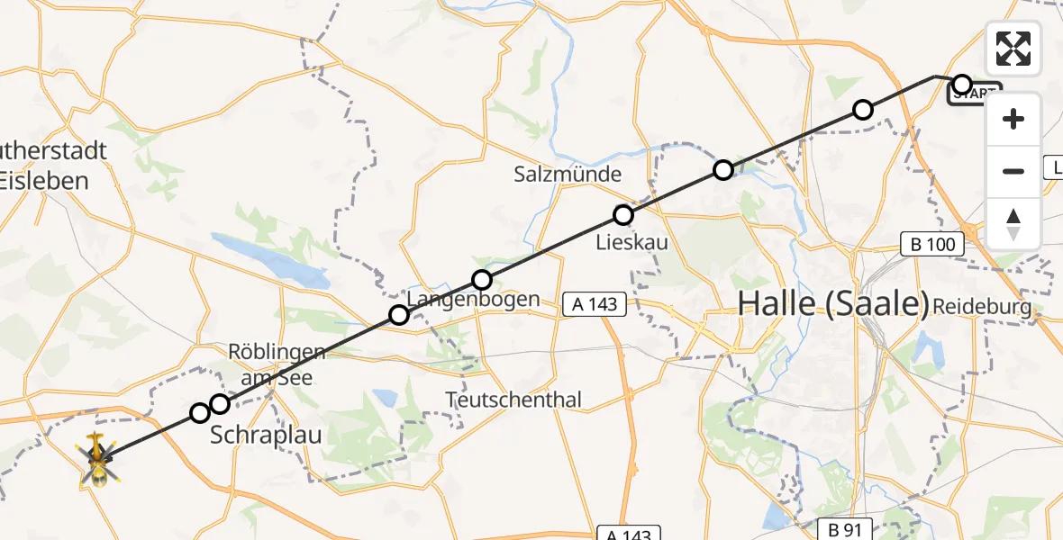 Flugroute Rettungshubschrauber Halle-Oppin Flugplatz - Farnstädt, 14 Juni 2026, 23:00