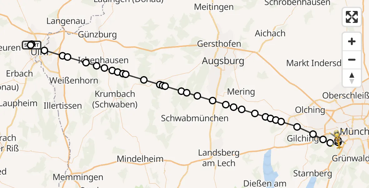Flugroute Rettungshubschrauber Ulm Military Hospital Emergency - DRF Air Rescue München Hubschrauberlandeplatz, 14 Juni 2026, 23:04