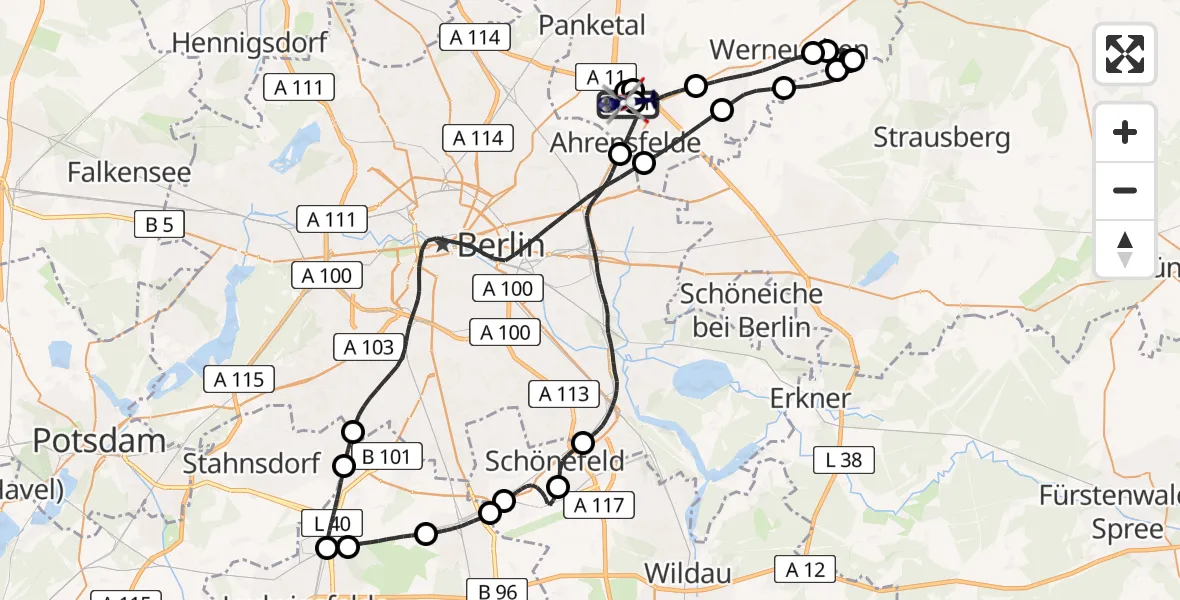 Flugroute Polizeihubschrauber Ahrensfelde Hubschrauberlandeplatz - Ahrensfelde Hubschrauberlandeplatz, 14 Juni 2026, 23:29