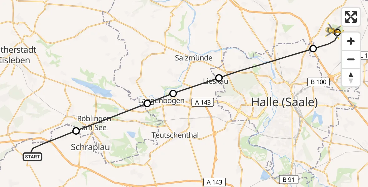 Flugroute Rettungshubschrauber Farnstädt - Halle-Oppin Flugplatz, 14 Juni 2026, 23:41
