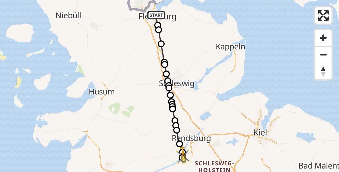 Flugroute Ambulanzhubschrauber Flensburg - Schülp b.Rendsburg, 14 Juni 2026, 23:44