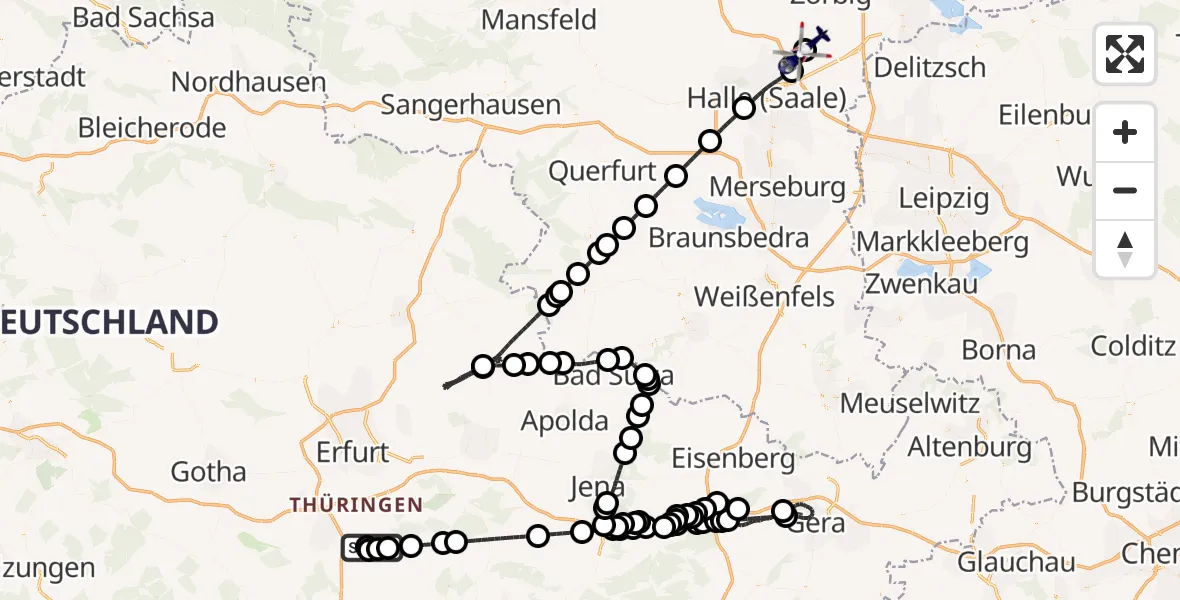 Flugroute Polizeihubschrauber Arnstadt-Alkersleben Flugplatz - Halle-Oppin Flugplatz, 15 Juni 2026, 00:04
