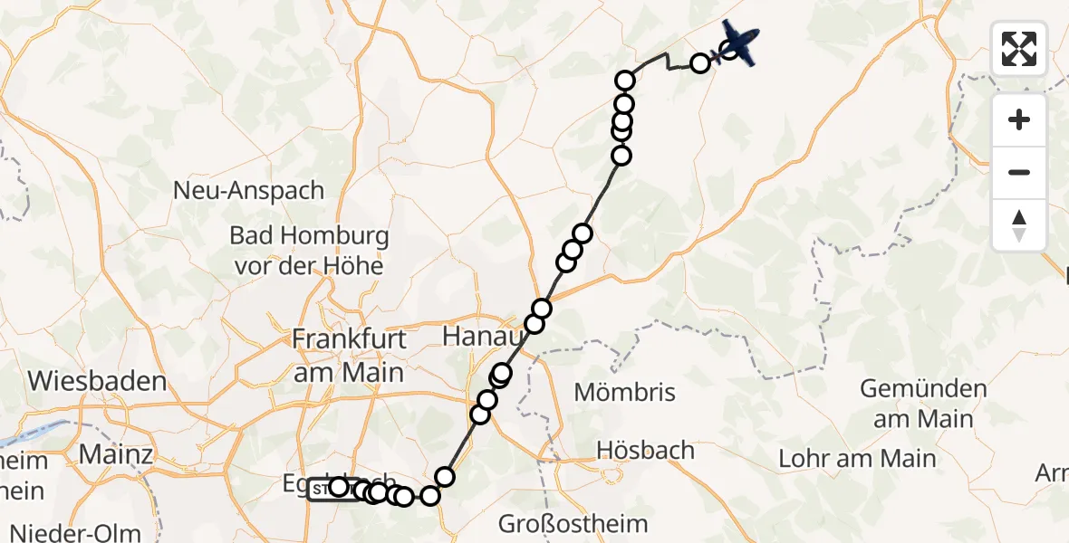 Flugroute Polizeiflugzeug Flughafen Frankfurt-Egelsbach - Freiensteinau, 15 Juni 2026, 04:57