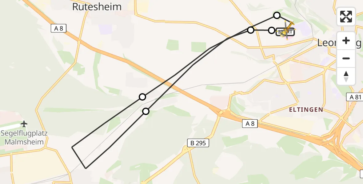 Flugroute Rettungshubschrauber Leonberg Hospital - Leonberg Hospital, 15 Juni 2026, 05:05
