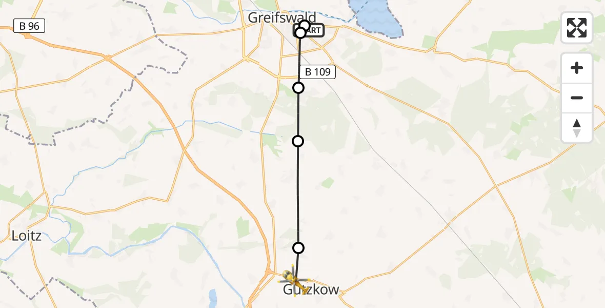 Flugroute Rettungshubschrauber Greifswald Hospital - Gützkow, 15 Juni 2026, 05:34
