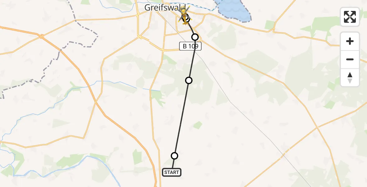 Flugroute Rettungshubschrauber Bandelin - Greifswald Hospital, 15 Juni 2026, 06:07