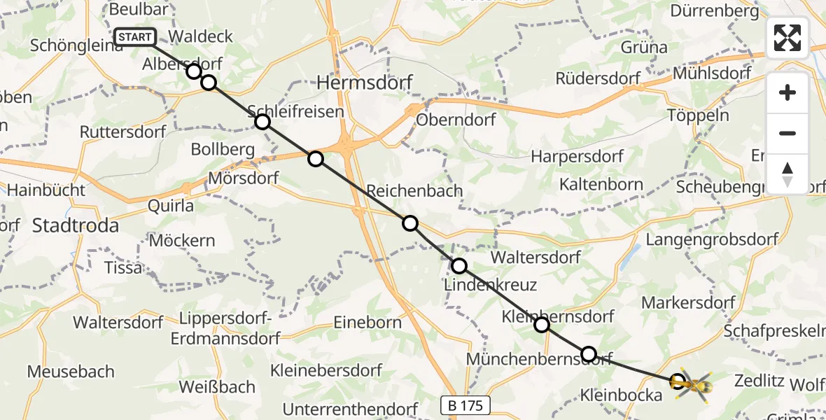 Flugroute Rettungshubschrauber Bürgel - Zedlitz, 15 Juni 2026, 06:14