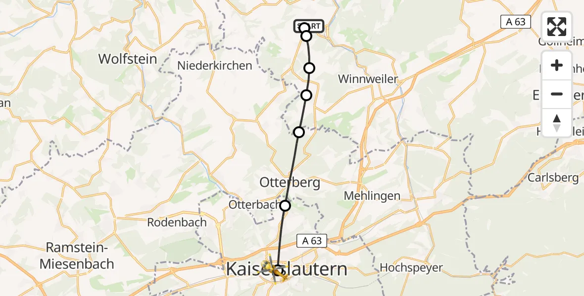 Flugroute Rettungshubschrauber Imsweiler UL - Westpfalz Hospital Kaiserslautern, 15 Juni 2026, 06:31