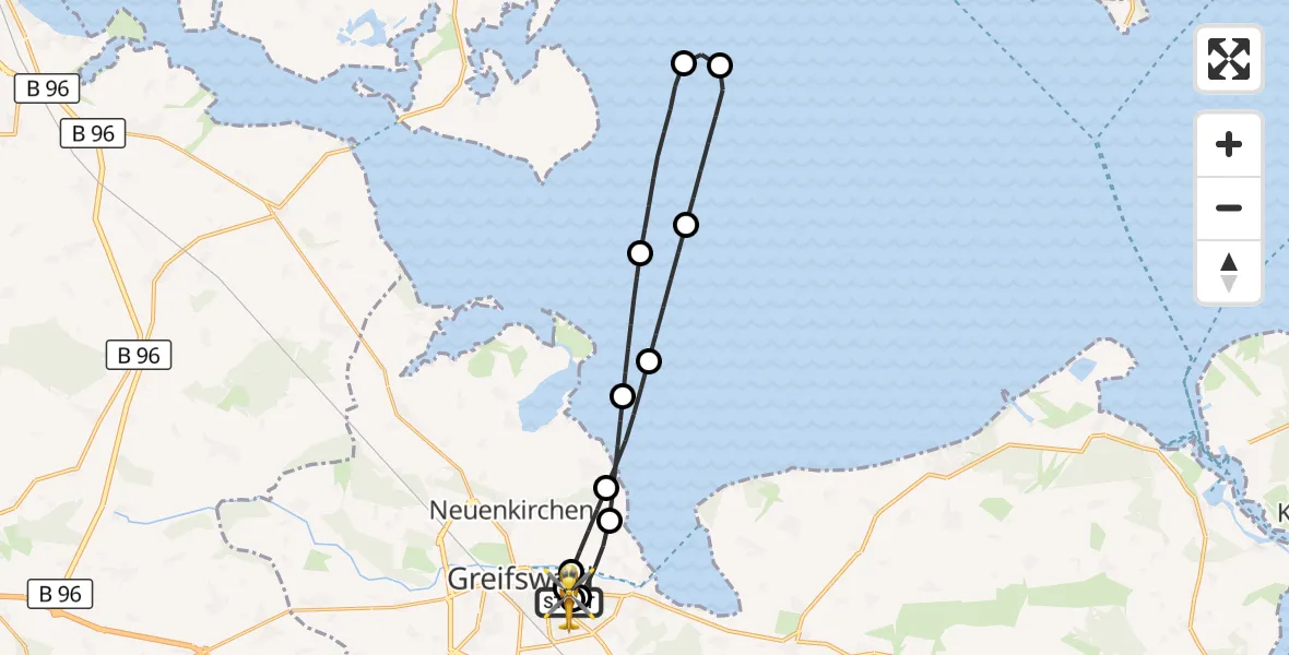 Flugroute Rettungshubschrauber Greifswald Hospital - Greifswald Hospital, 15 Juni 2026, 06:39