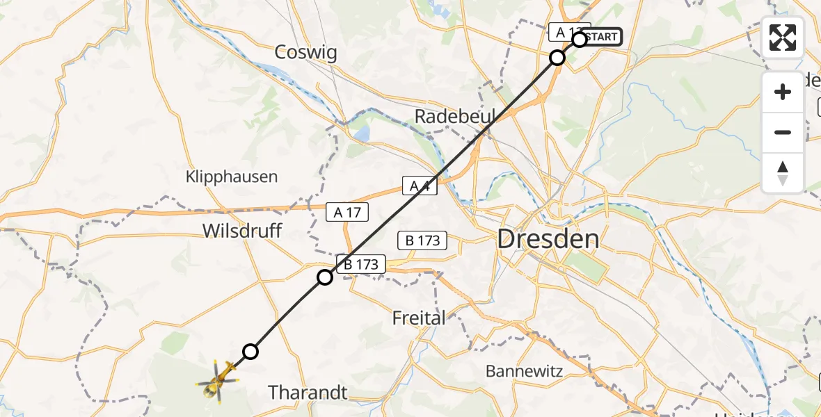 Flugroute Rettungshubschrauber Dresden Bundespolizei Hubschrauberlandeplatz - Tharandt, 15 Juni 2026, 06:42