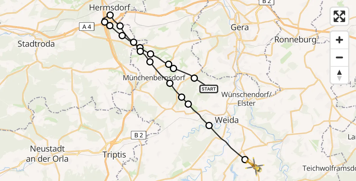 Flugroute Rettungshubschrauber Zedlitz - Langenwetzendorf, 15 Juni 2026, 06:49
