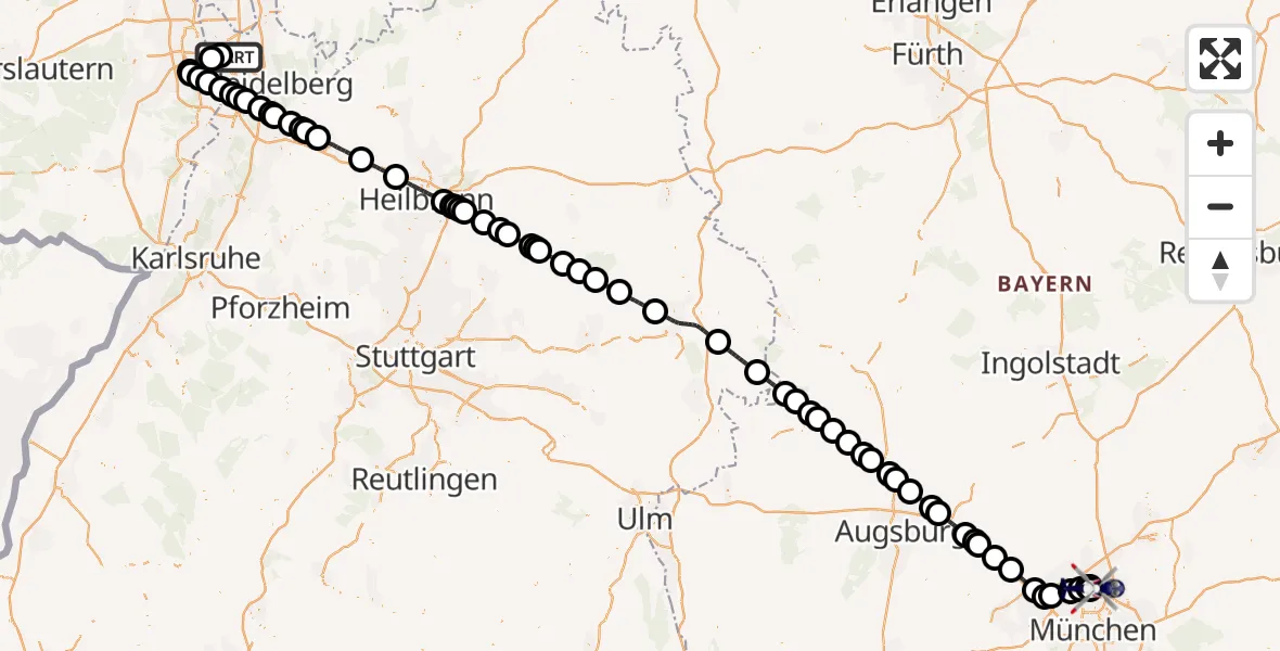 Flugroute Polizeihubschrauber Mannheim-City Flughafen - Oberschleißheim, 15 Juni 2026, 06:56