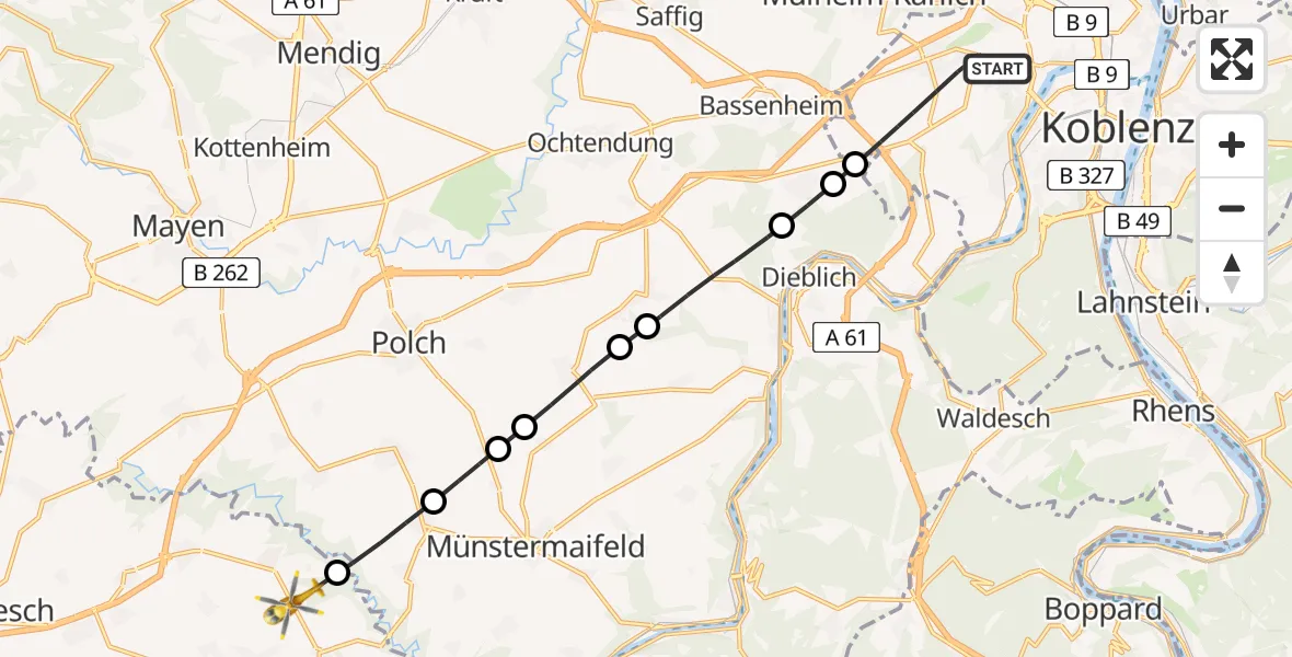 Flugroute Rettungshubschrauber Koblenz - Roes, 15 Juni 2026, 06:58