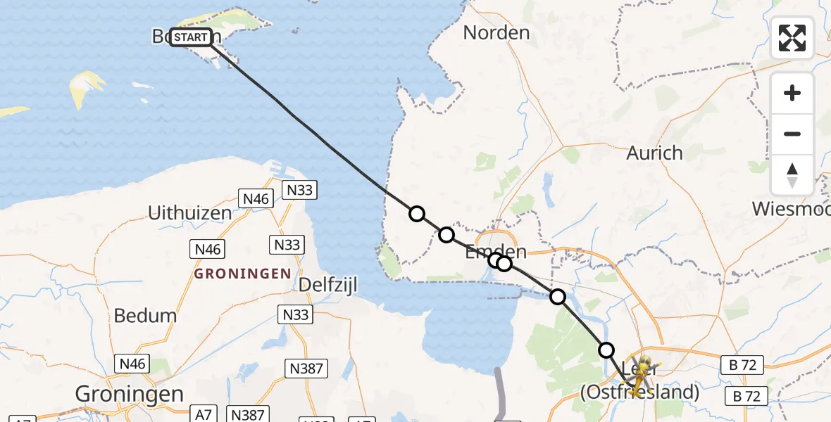 Flugroute Ambulanzhubschrauber Noordzee - Leer (Ostfriesland), 15 Juni 2026, 07:06