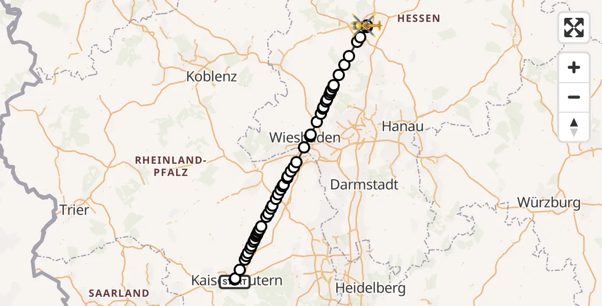 Flugroute Rettungshubschrauber Westpfalz Hospital Kaiserslautern - Gießen University Hospital, 15 Juni 2026, 07:10