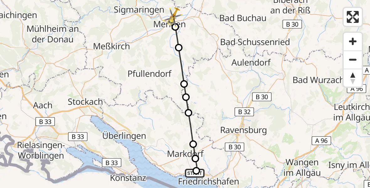 Flugroute Rettungshubschrauber Friedrichshafen Hospital - Mengen, 15 Juni 2026, 07:17