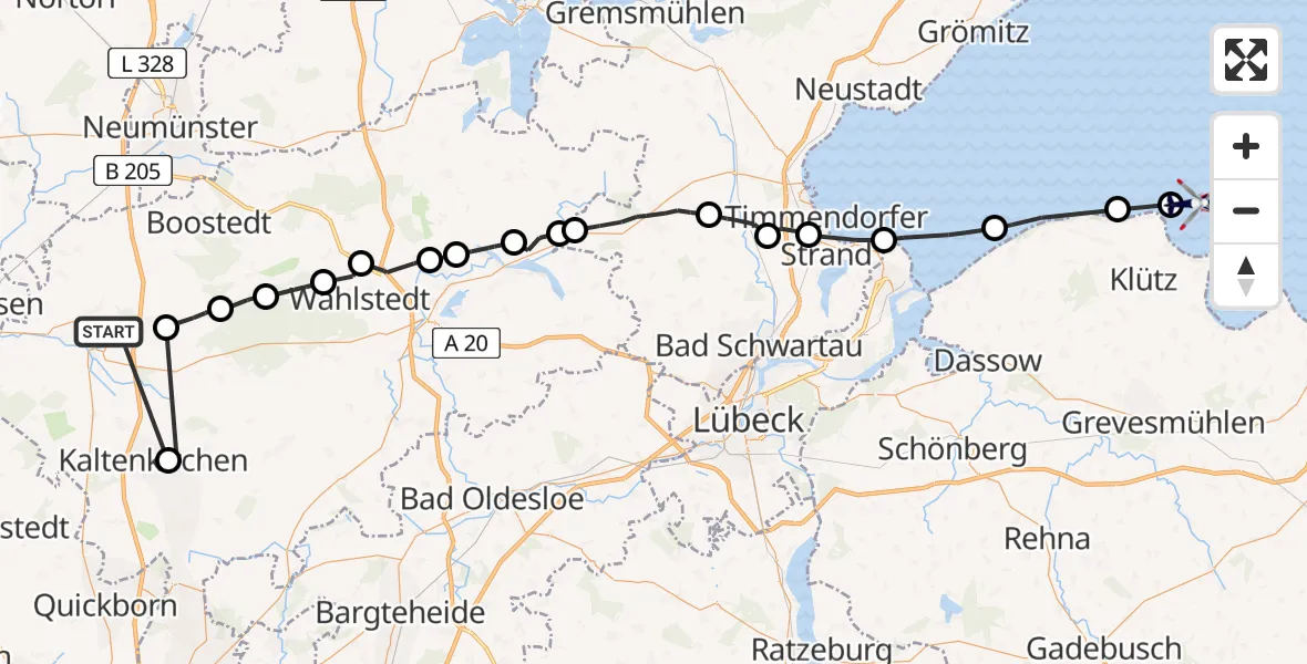 Flugroute Polizeihubschrauber Bad Bramstedt - Boltenhagen, 15 Juni 2026, 07:17