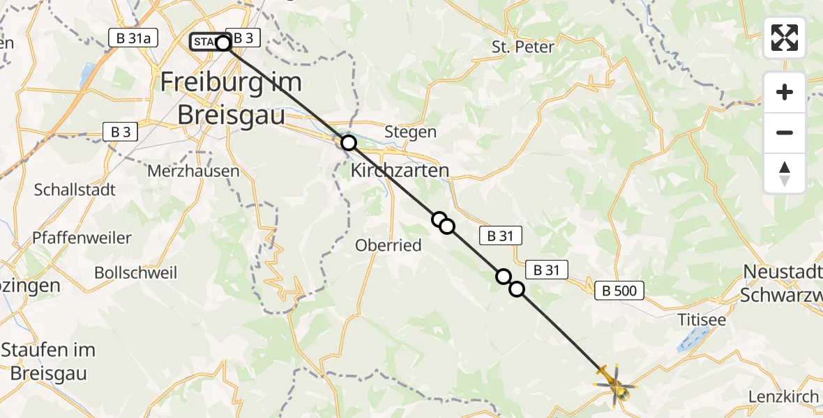 Flugroute Ambulanzhubschrauber Freiburg im Breisgau Flugplatz - Feldberg (Schwarzwald), 15 Juni 2026, 07:21