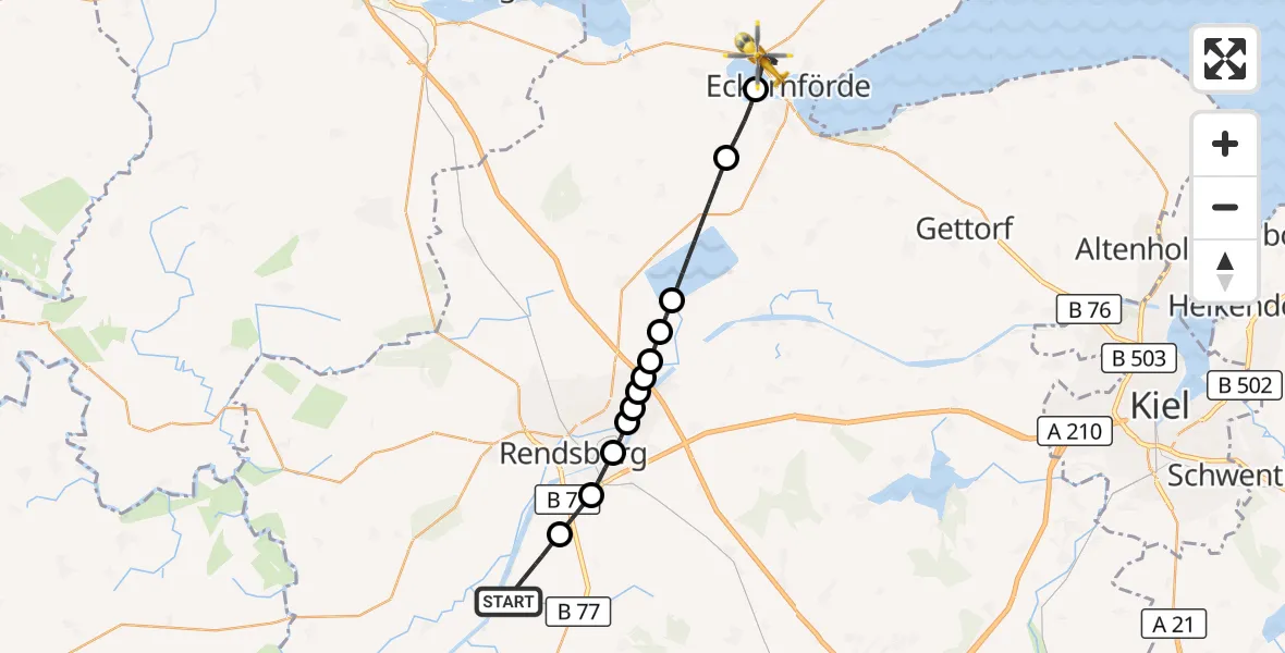 Flugroute Ambulanzhubschrauber Schülp b.Rendsburg - Eckernförde, 15 Juni 2026, 07:23