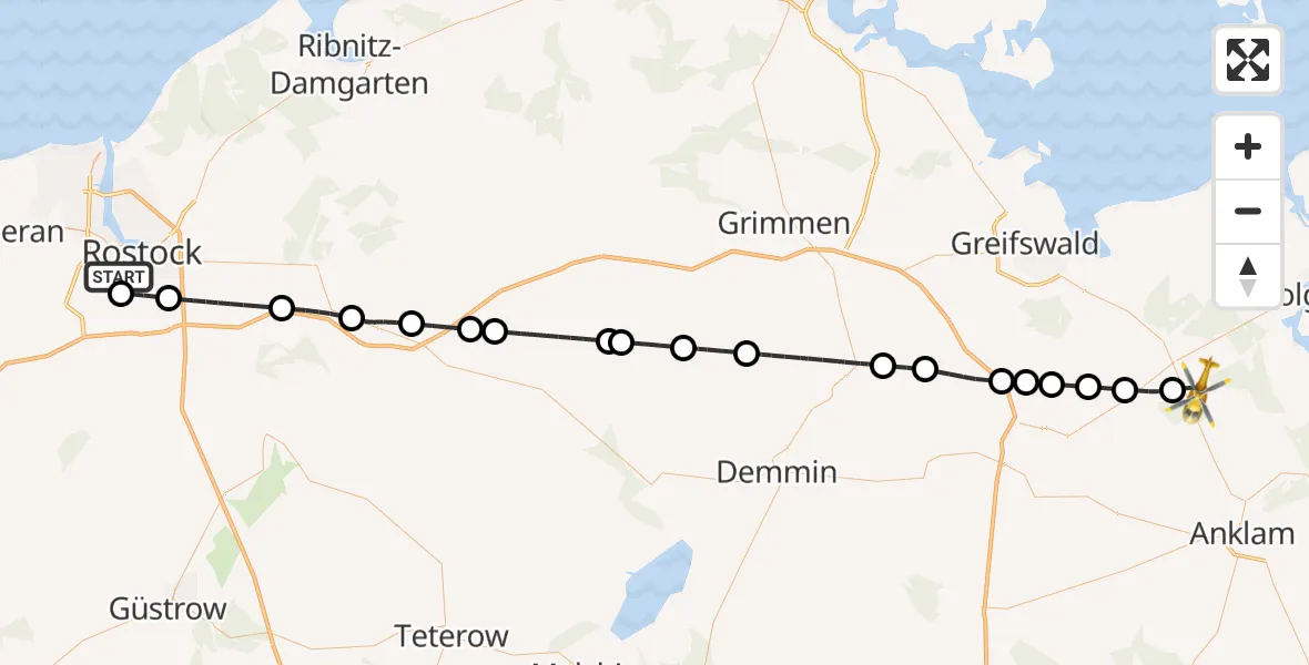 Flugroute Rettungshubschrauber Rostock - Karlsburg, 15 Juni 2026, 07:25