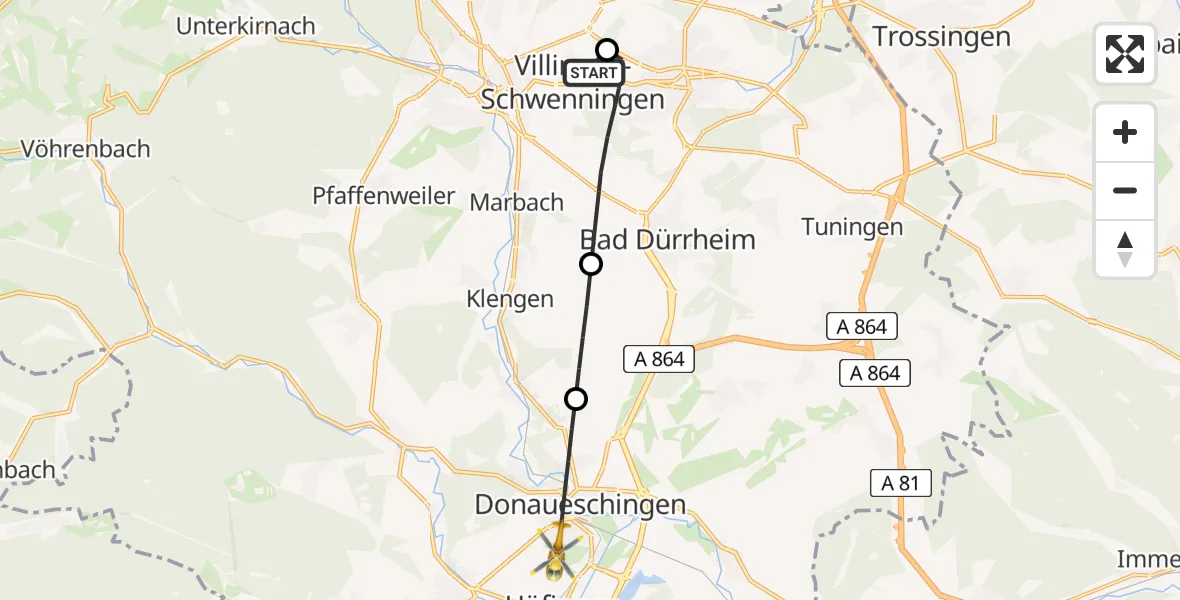 Flugroute Ambulanzhubschrauber DRF Air Rescue Station Villingen-Schwenningen Hubschrauberlandeplatz (Christoph 11) - Donaueschingen, 15 Juni 2026, 07:30