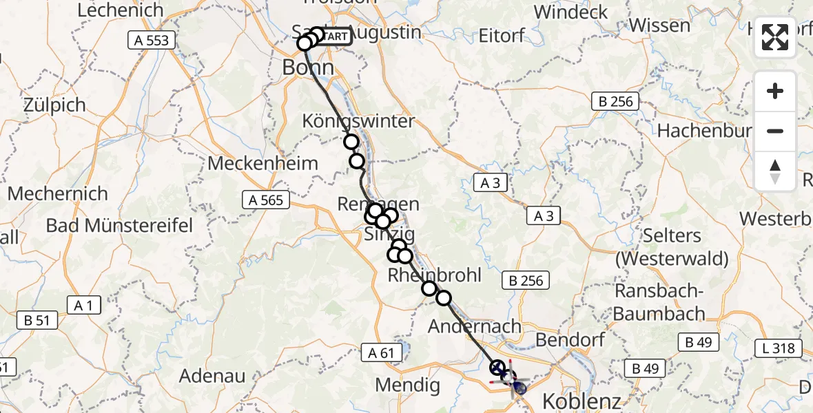 Flugroute Polizeihubschrauber Sankt Augustin - Bassenheim, 15 Juni 2026, 07:31