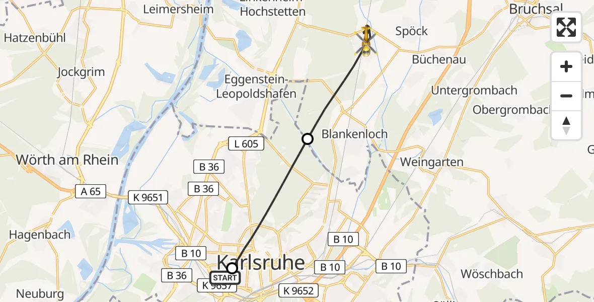 Flugroute Rettungshubschrauber Sankt Vincentius Hospital - Stutensee, 15 Juni 2026, 07:32