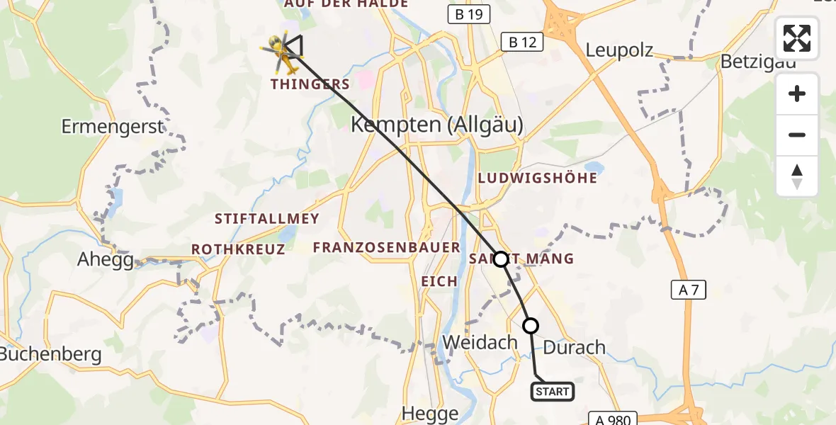 Flugroute Rettungshubschrauber Kempten-Durach Flugplatz - Kempten (Allgäu), 15 Juni 2026, 07:33
