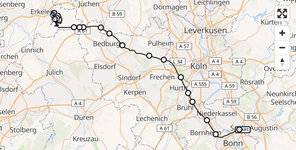 Flugroute Polizeihubschrauber Sankt Augustin - Erkelenz, 15 Juni 2026, 07:34