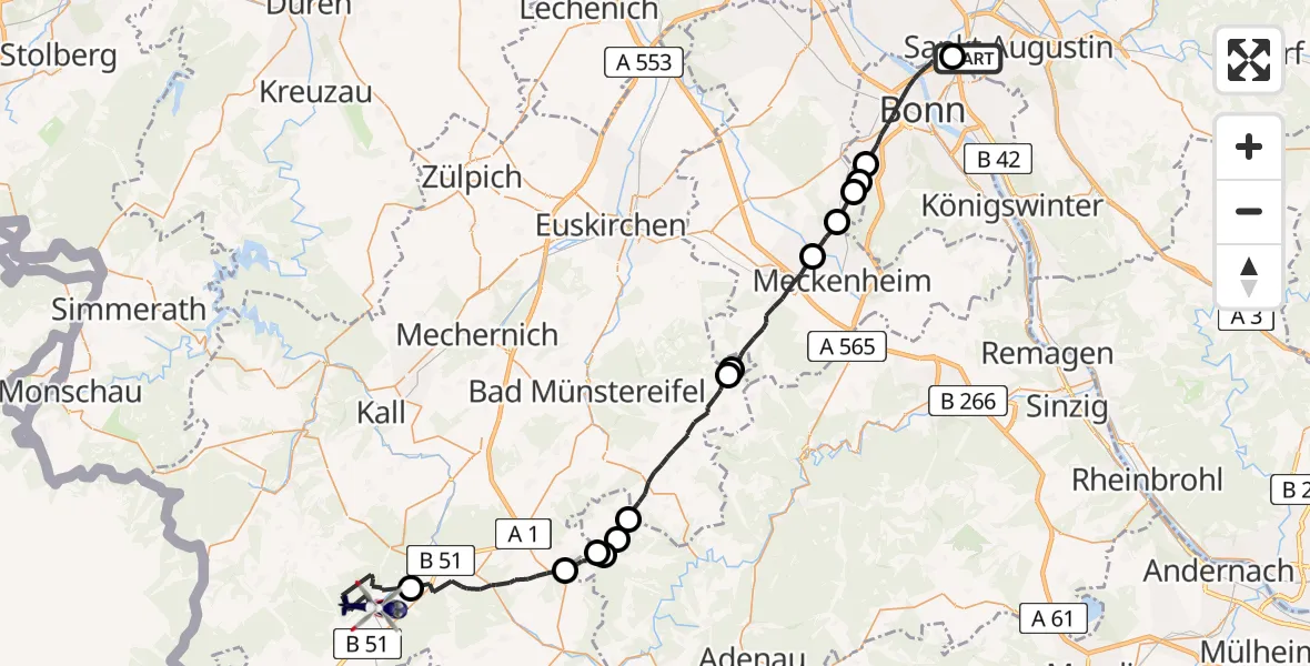 Flugroute Polizeihubschrauber Sankt Augustin - Dahlem, 15 Juni 2026, 07:37